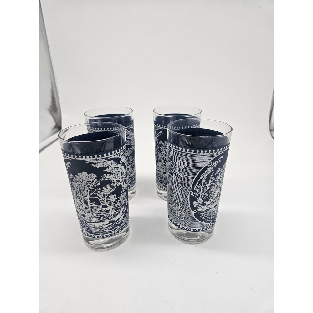 4 - VTG Royal (USA) -Currier & Ives Blue 12 Oz. Tumblers Old Grist Mill Glasses